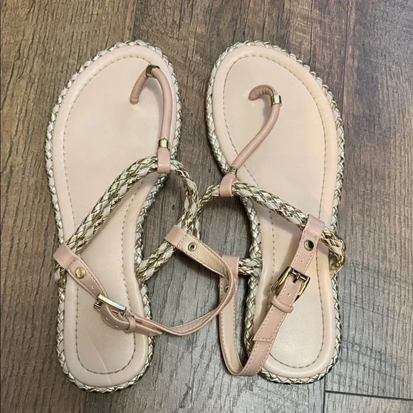 Aldo Blush Braided T-Strap Sandals with Gold Trim - Picture 2 of 7